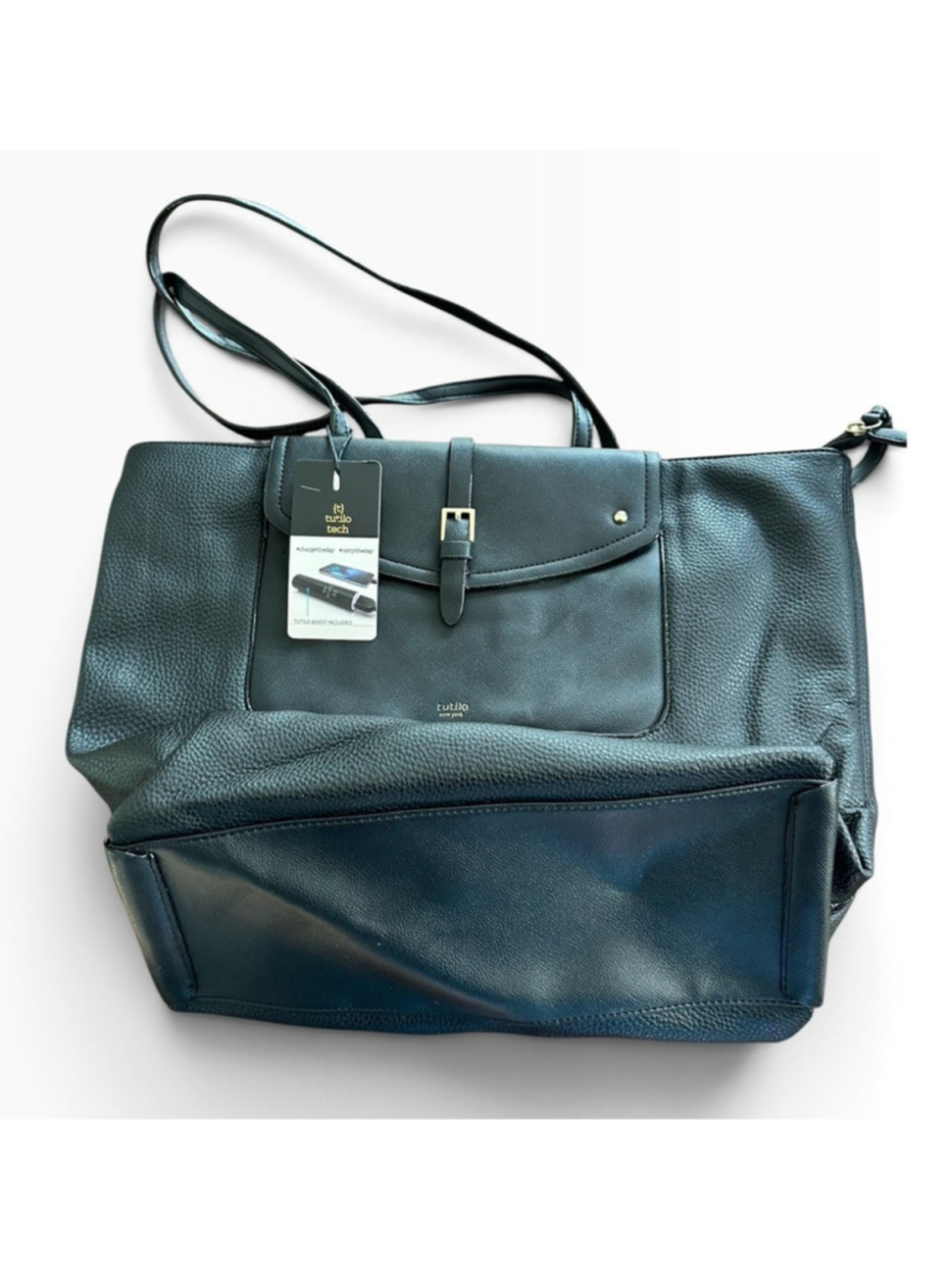 NWT Tutilo Tech New York Black Pebbled Leather Tote Bag Shoulder Purse